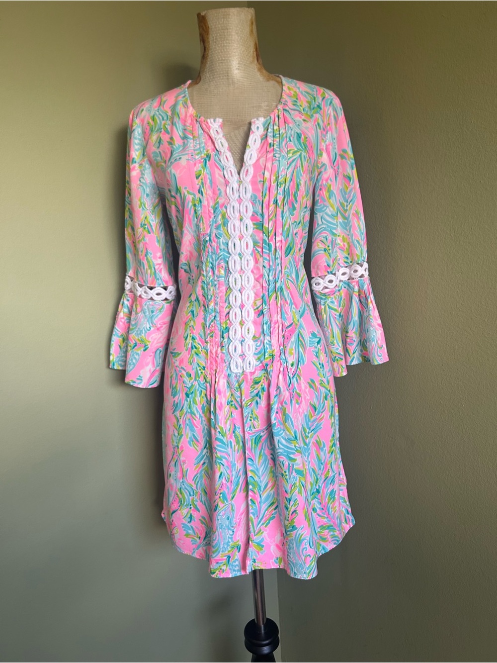 Lilly Pulitzer Pink Multicolor Floral Lace-Trim Mini Dress